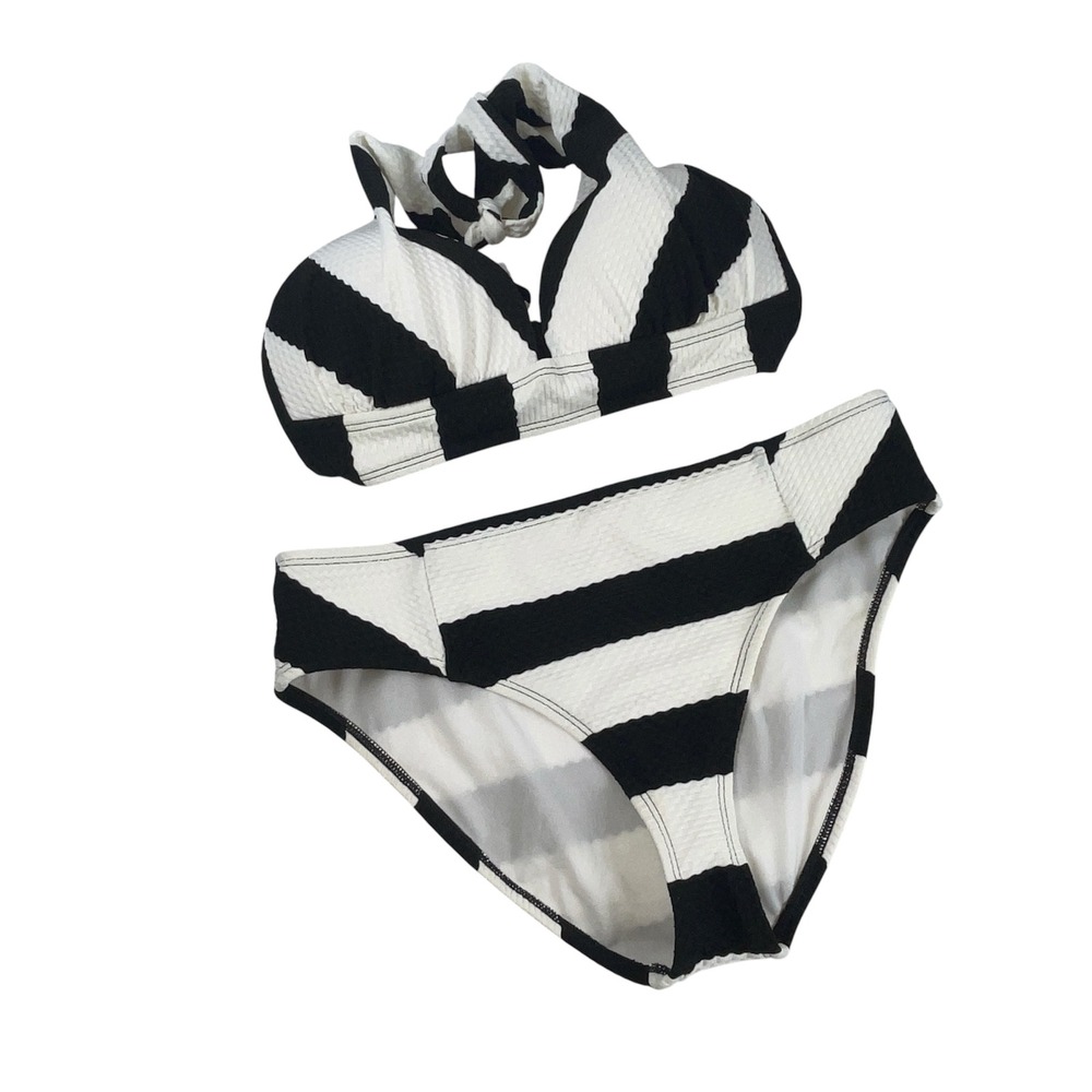 NWOT‎ Gibson Latimer Black White Striped Halter Bikini Set Textured Swimsuit L